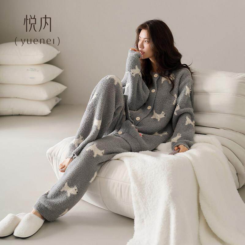 悦内半边绒睡衣女士秋冬季冬款珊瑚绒保暖加厚加绒家居服圆领开