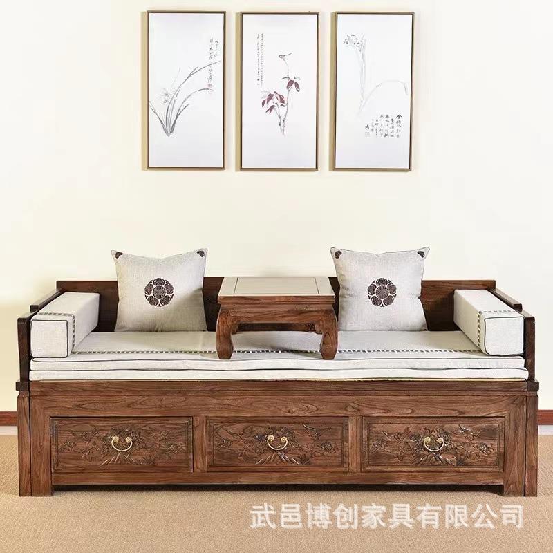 帝覃家居 老榆木推拉罗汉床花鸟罗汉床罗汉榻双人沙发伸缩沙发床