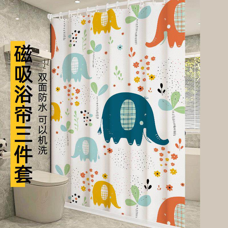 浴室防水浴帘套装免打孔卡通化妆室门帘洗澡隔断窗加厚防霉挂帘子