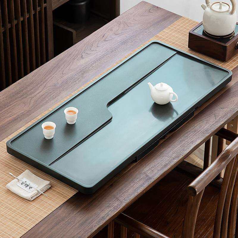 天罗绿石茶盘家用天然乌金石头茶台办公送礼石材排水茶海功夫托盘