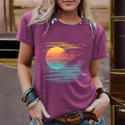 womens landscape print round neck fitted tee casual short