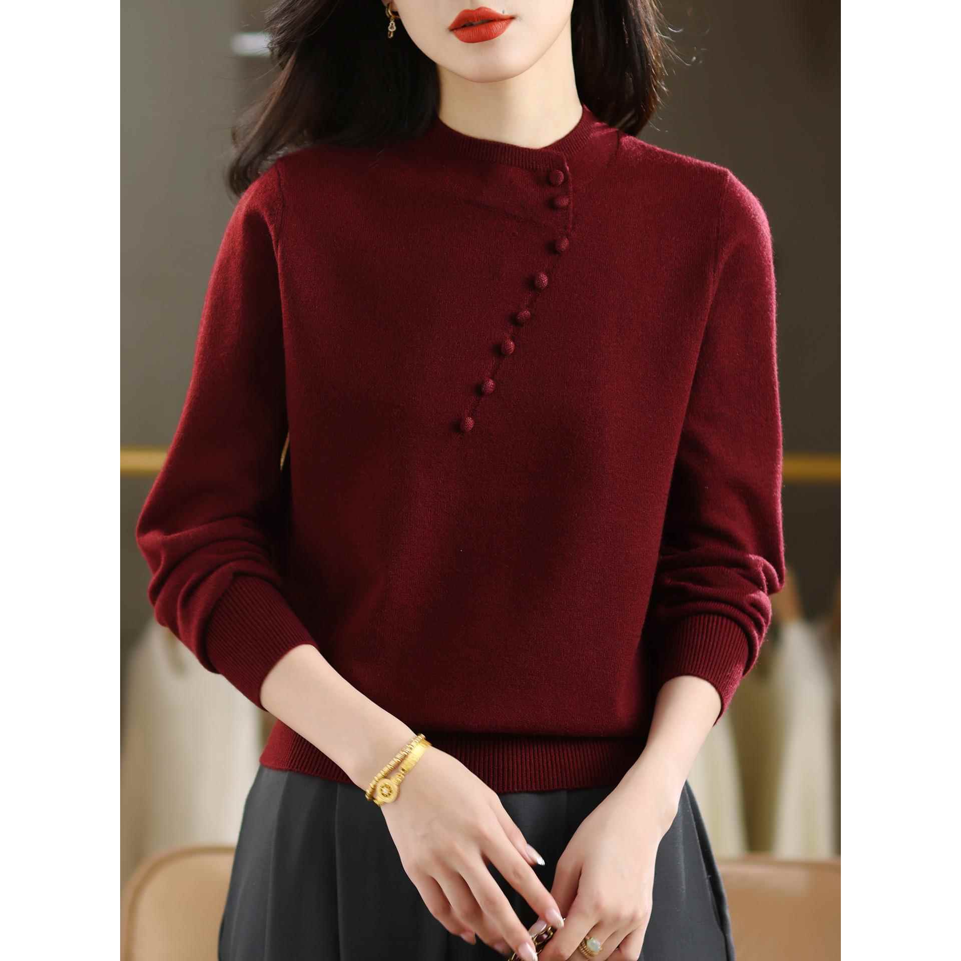 新中式半高领毛衣女秋冬2025新款中领斜扣针织打底衫内搭妈妈上衣