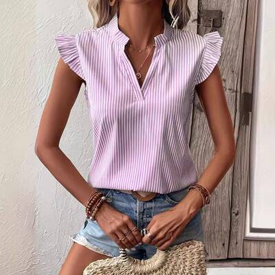 Women Striped Ruffle Sleeve Shirt Blouse Summer Casual Daily