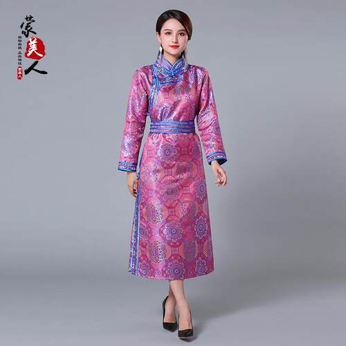 正品蒙古服装统女长版传古袍手蒙工盘蒙扣古族舞蹈演出服少数民族
