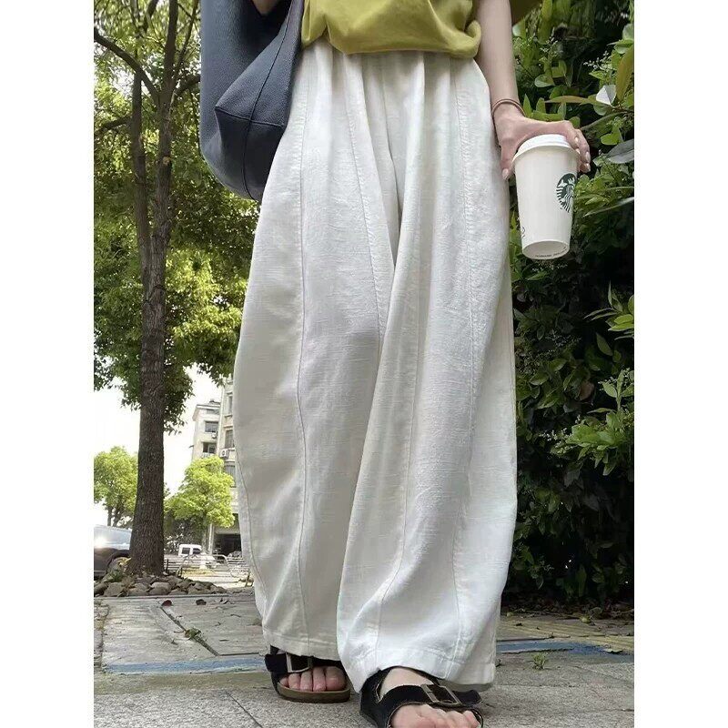韩国Uamtor弯刀阔腿裤女夏季款薄款慵懒休闲裤高腰显瘦棉麻气球裤