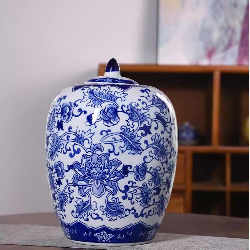 青花瓷陶瓷花瓶摆件新中式客厅玄关插花装饰瓷器储物罐盖罐摆设