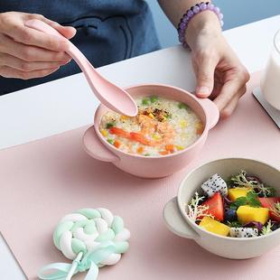 防烫可爱吃饭家用宝宝小孩碗勺 小麦秸秆儿童碗带手柄防摔餐具套装