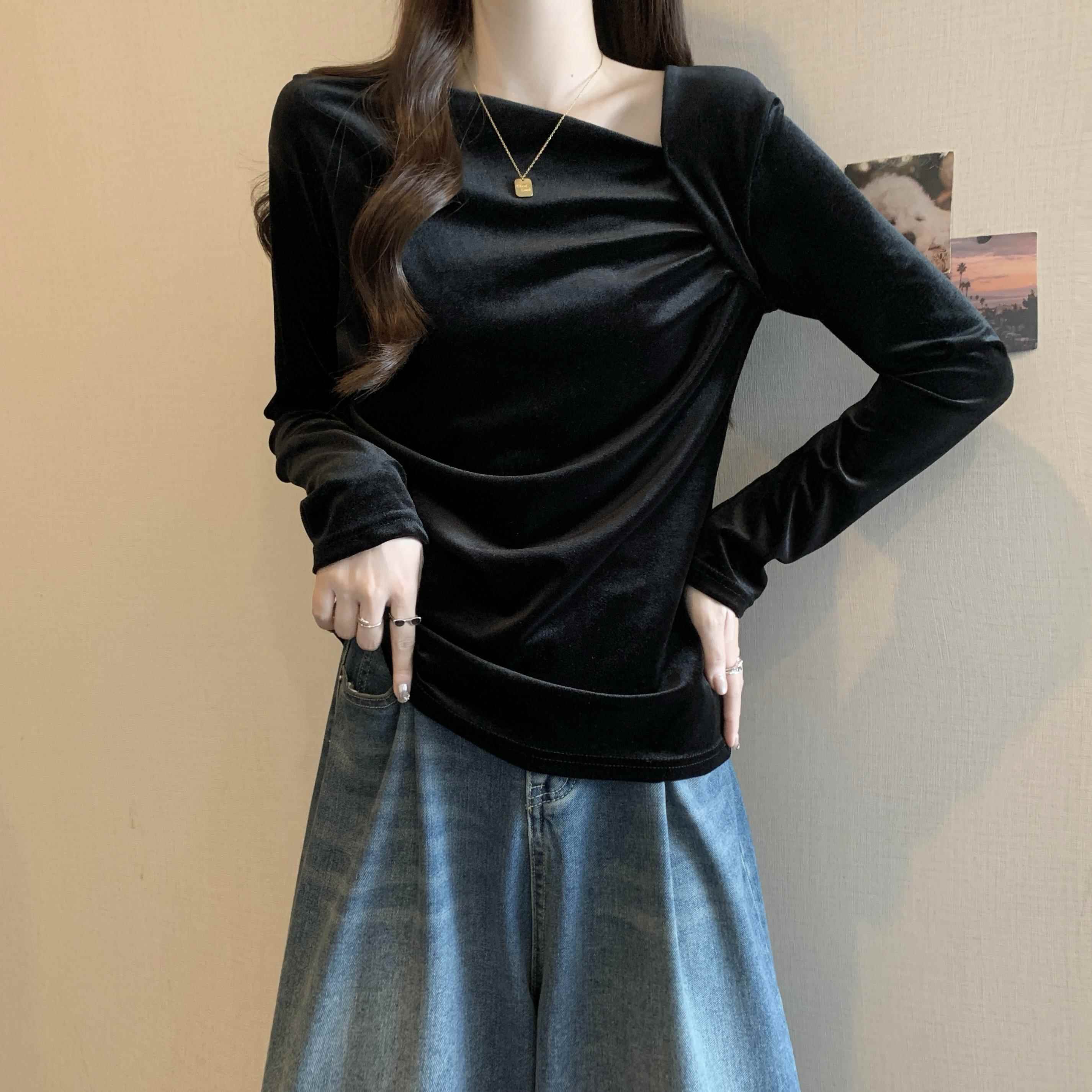 秋冬大码女装不规则长袖金丝绒上衣女新款胖MM修身皱褶t恤打1012z