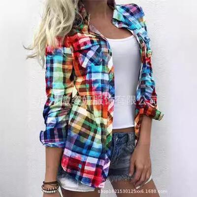 Plaid Print Button Up Shirt Casual Gradient Color Long