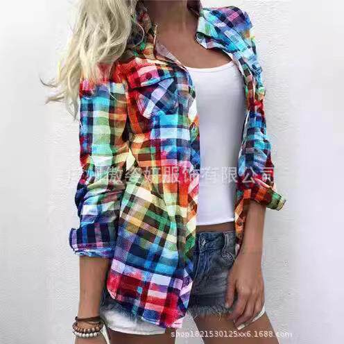 Plaid Print Button Up Shirt Casual Gradient Color Long