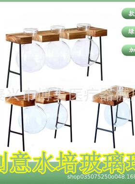 铁艺支架三孔半圆弧形木架水培玻璃翻边圆底试管插花桌面装饰品