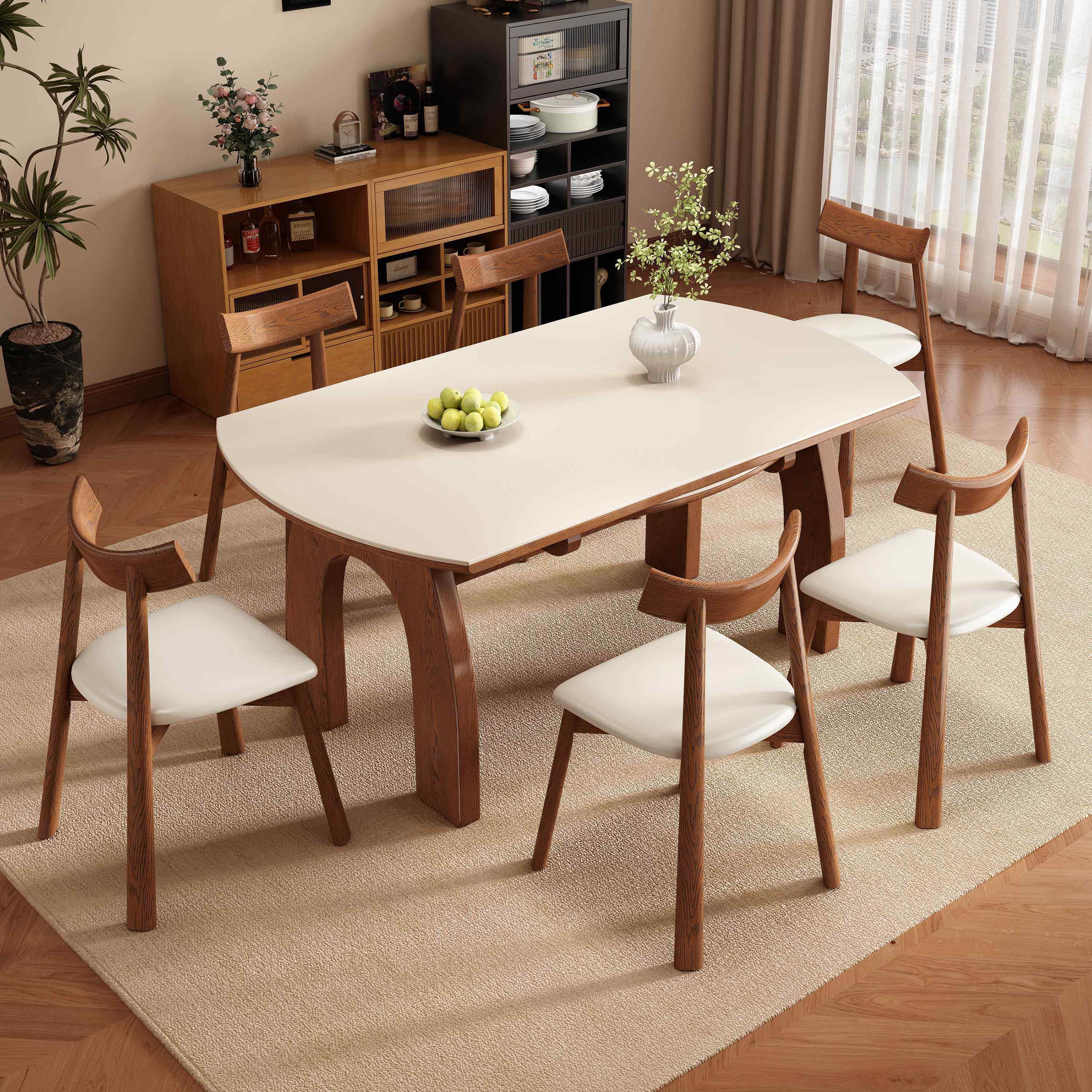 复古中古风实木岩板餐桌椅组合高端客厅家用小户型可变圆吃饭桌子