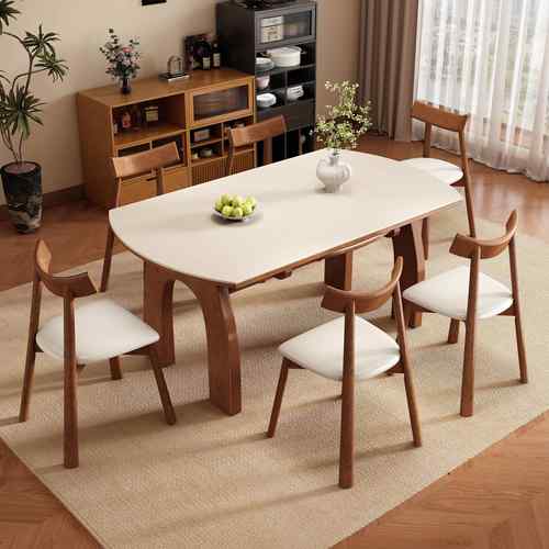 复古中古风实木岩板餐桌椅组合高端客厅家用小户型可变圆吃饭桌子