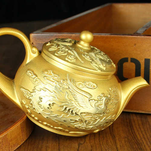 唐腾黄铜龙凤茶壶茶杯一整套办公室茶具纯铜铜器金属工艺品摆件