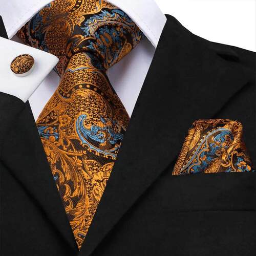 Hi-Tie 100% Silk Luxury Mens Ties Floral Black Gold Ties Pai