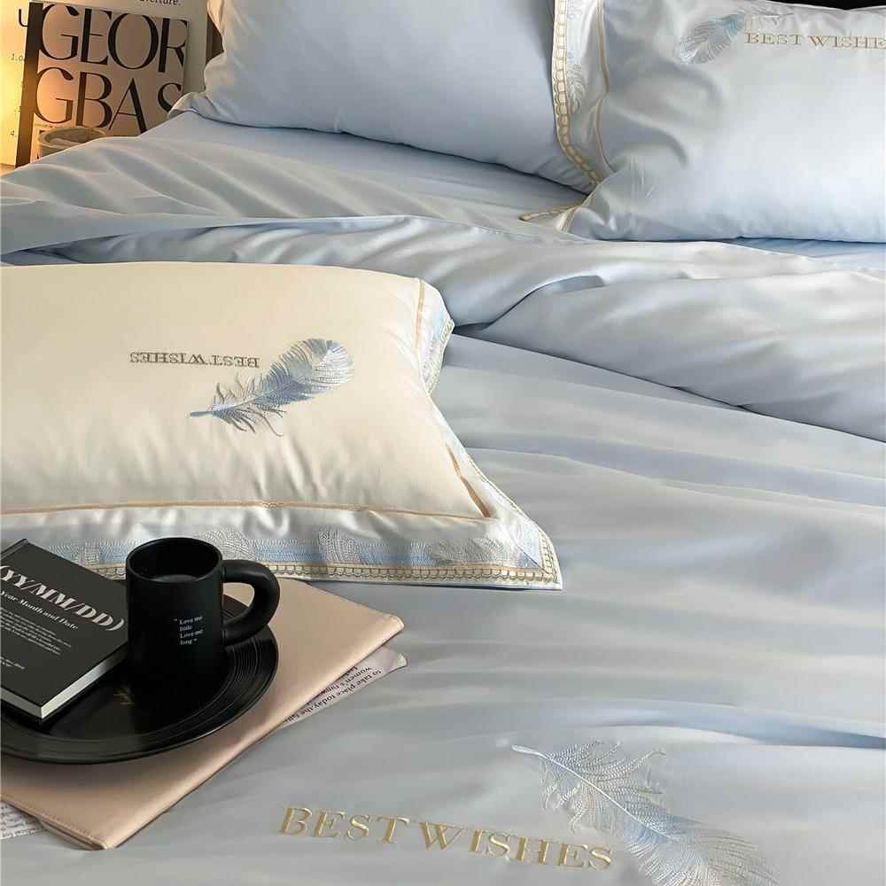 小清新羽毛刺绣天丝四件套丝滑凉感莱赛尔冰丝被套裸睡床品