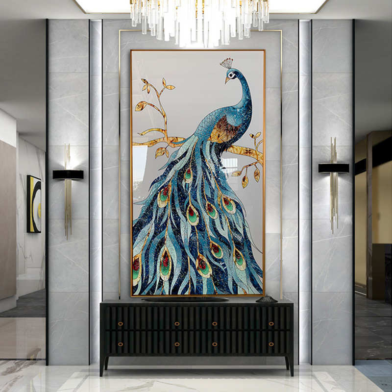 北欧轻奢入户玄关装饰画走廊过道壁画现代简约孔雀图案晶瓷画竖版图片