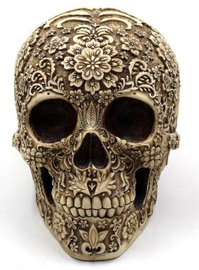 个性家居新品花纹骷髅头摆件 创意鬼头树脂工艺品 酒吧装饰万圣节
