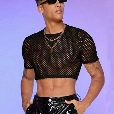 Men's Fishnet Mesh Round Neck Short-Sleeve Crop T-Shirt -