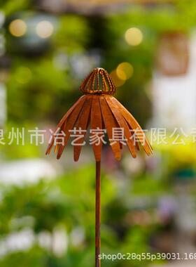 跨境户外铁艺生锈花朵紫锥菊地插， 金属铁艺花瓣地插庭院工艺品