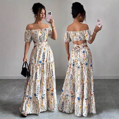 Plus Size Women's Floral Print Dress Loose Fit One Shoulder