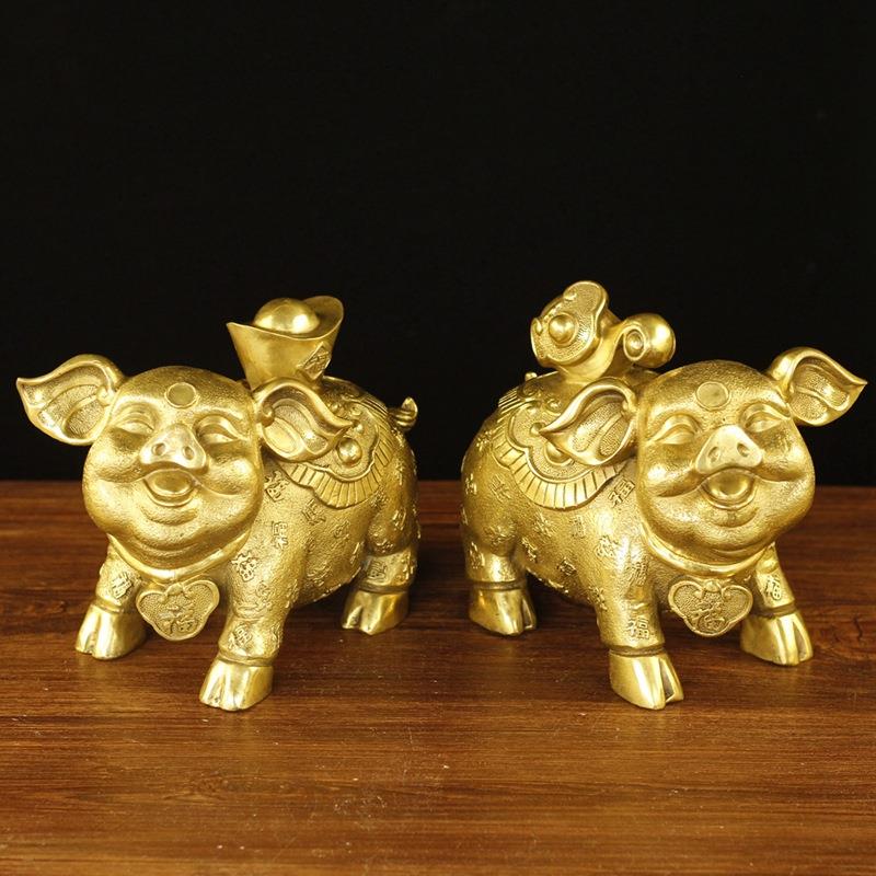 铜猪如意元宝对猪生肖猪摆件办公居家工艺品长21cm