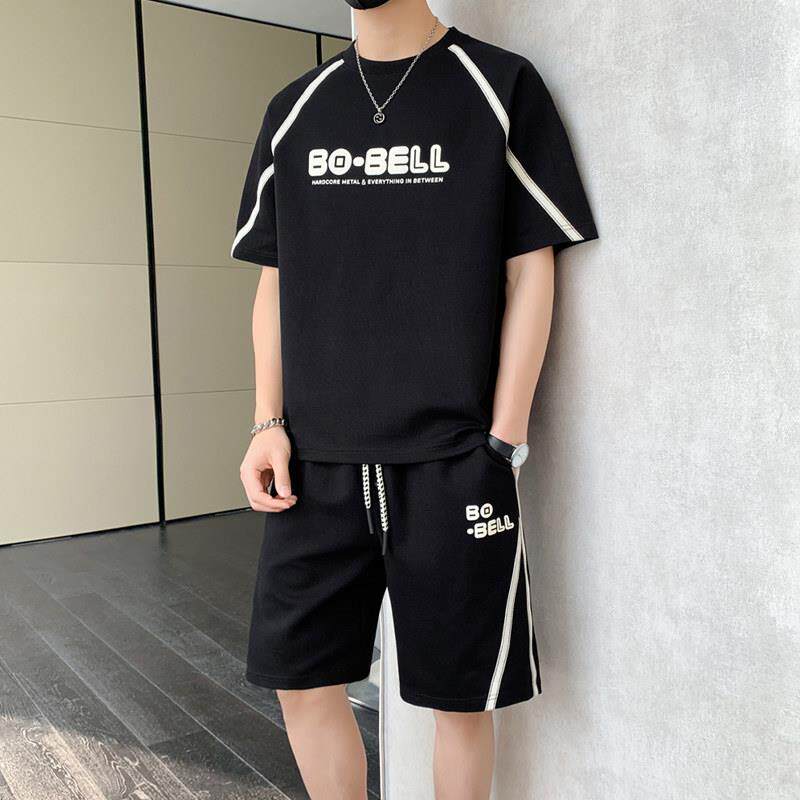休闲运动套装男夏季2026新款潮牌印花宽松短袖短裤潮流男装两件套
