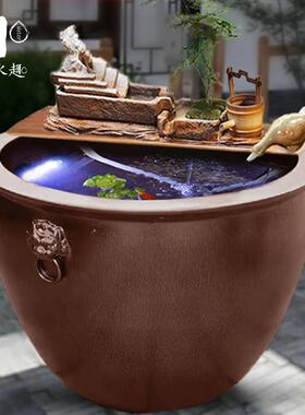 正品古法养鱼水缸关门海老陶瓷养鱼缸玄落地式阳台室外庭院流水造