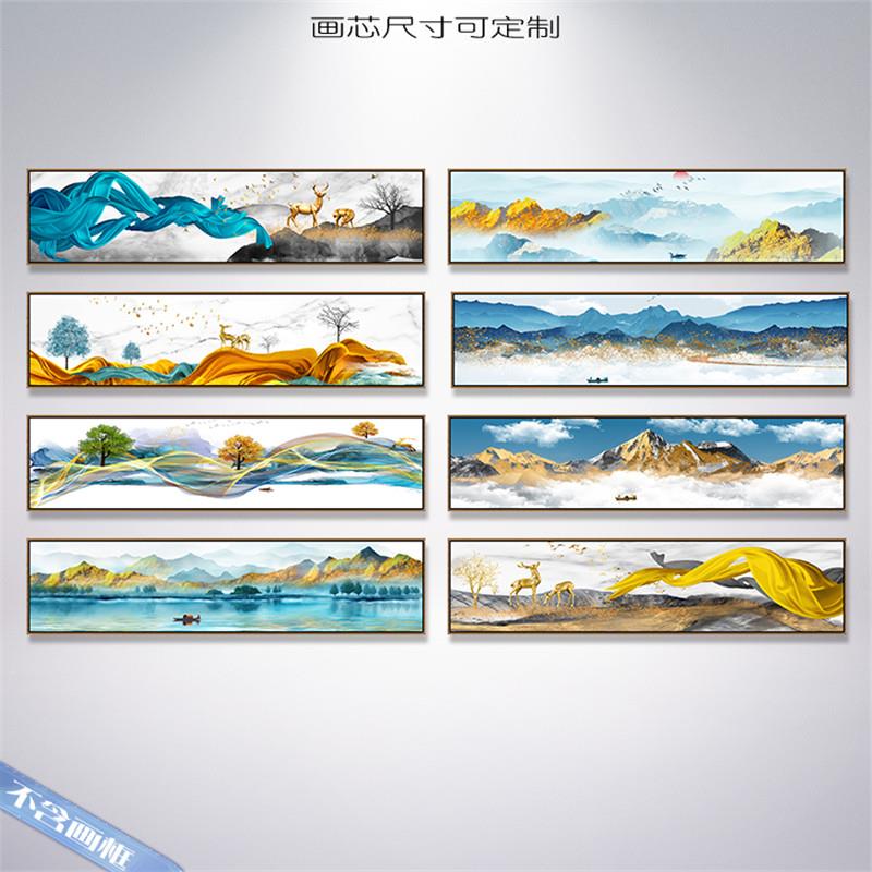 新中式金色线条麋鹿山水装饰画画芯横版轻奢酒店民宿床头挂画画心图片