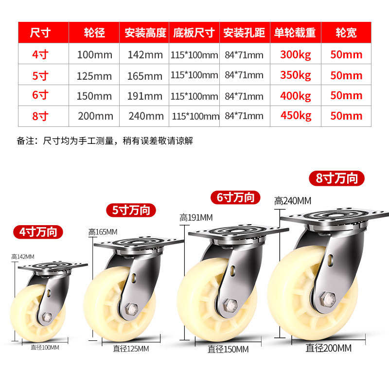 重型4寸5寸6寸8寸不锈钢脚轮尼龙静音带刹车万向轮轮子工业推车轮