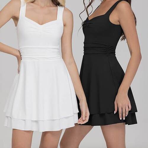 Square neck sleeveless high waisted double-layer hem dress