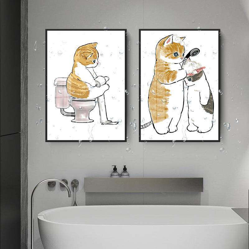卡通猫咪卫生间装饰画现代简约浴室厕所挂画日式洗手间背景墙壁画图片