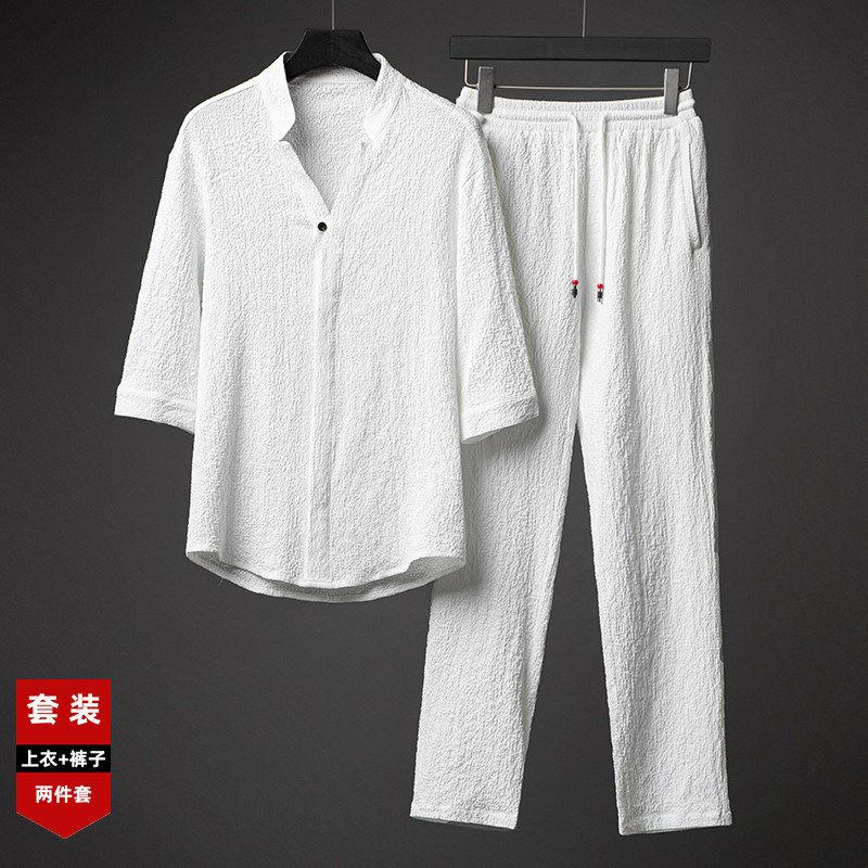 高端品牌可外穿家居服男款夏季夏天冰丝短袖长裤棉麻睡衣套装夏款