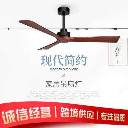 跨境北欧现代简约无灯吊杆扇黑色白色实木叶片DC电机智能遥控风扇