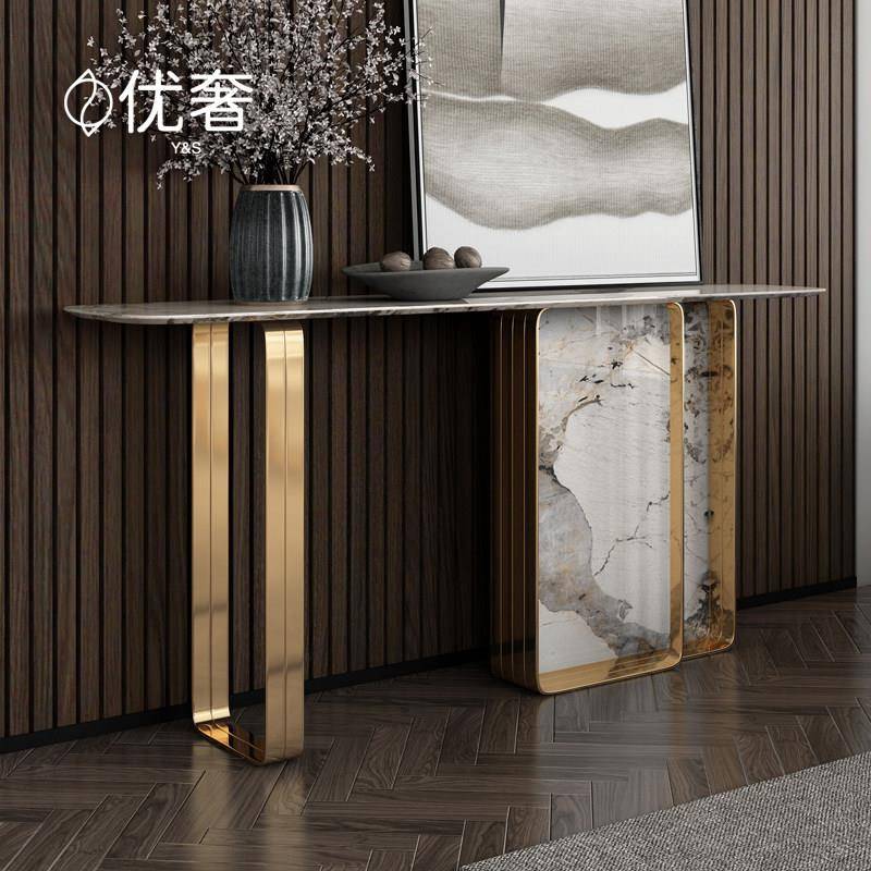 轻奢不锈钢入户岩板玄关桌条案端景台简约现代客厅靠墙走廊装饰柜