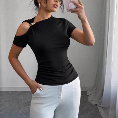 Women'S Short Sleeve Metal Decor Hollow Out Solid Color