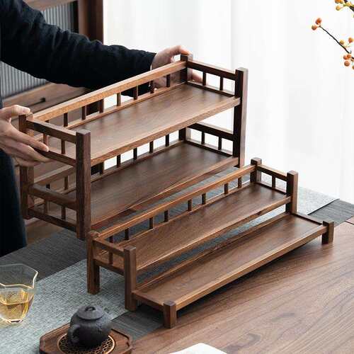 南美胡桃木桌面收纳架桌面博古架二层紫砂壶茶具收纳架文房收纳架