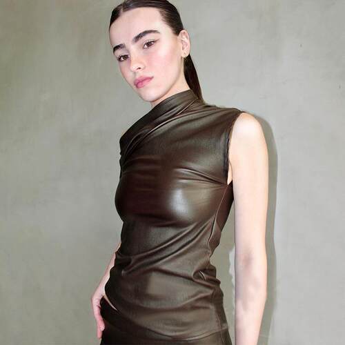 Women's sloping shoulder leather jacket and off shoulder
