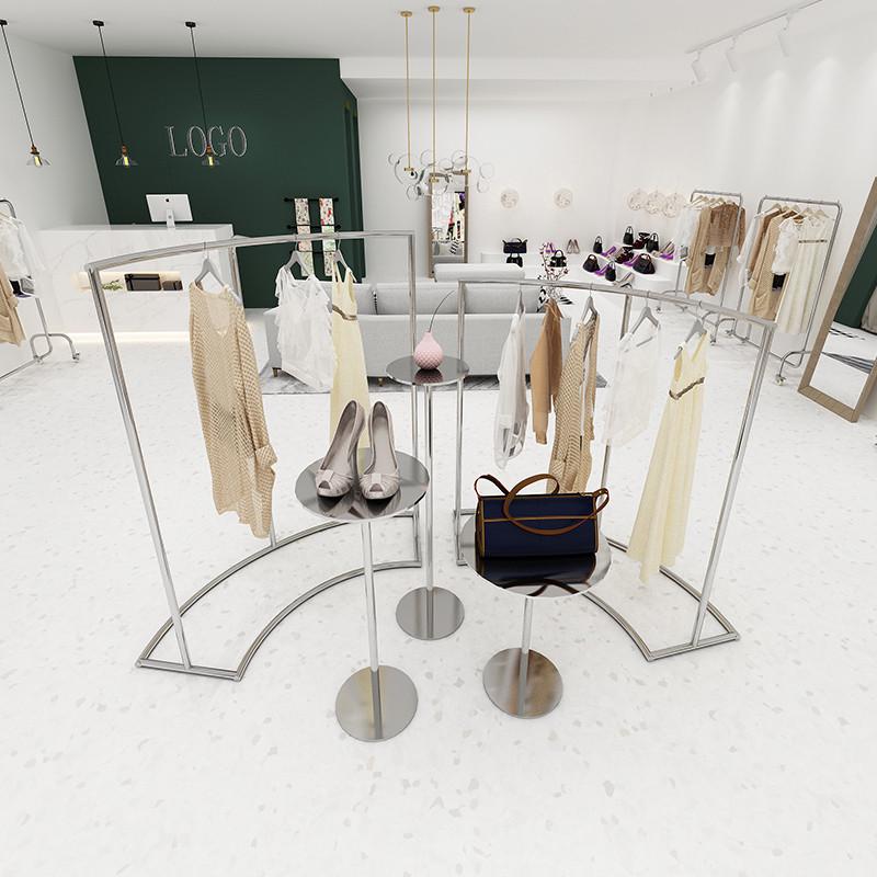 不锈钢服装店女装展示架弧形半圆形中岛挂衣架高低流水台组合橱窗
