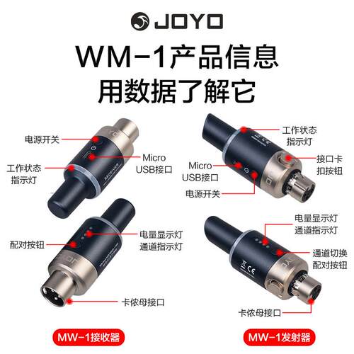 JOYO卓乐MW-1充电无线麦克风系统话筒便携发射接收器卡农接口乐器