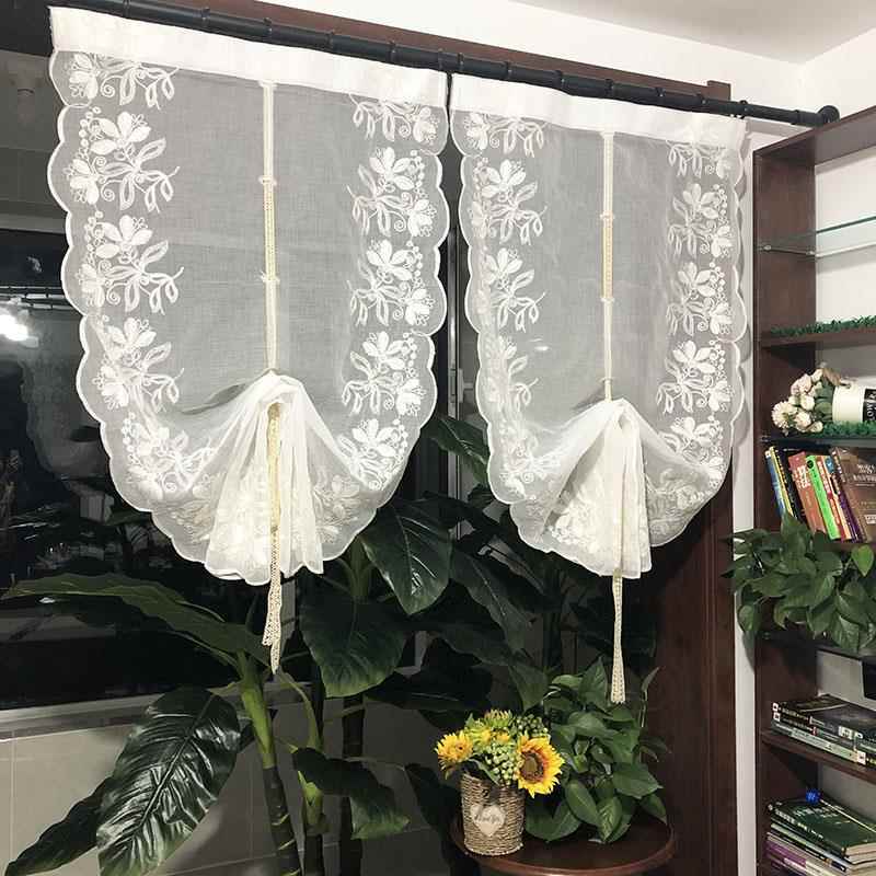 美式田园风纱帘提拉帘窗帘飘窗厨房半帘小窗户短窗纱气球帘