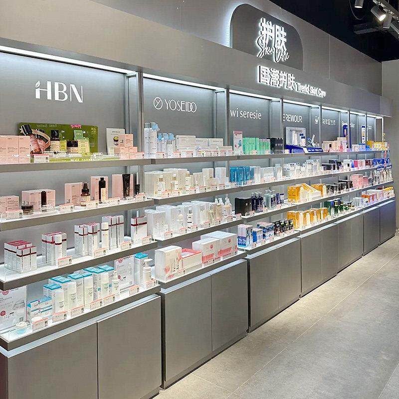 化妆品展示柜柜台护肤品中岛彩妆柜带镜子美妆店货架试用包展示架