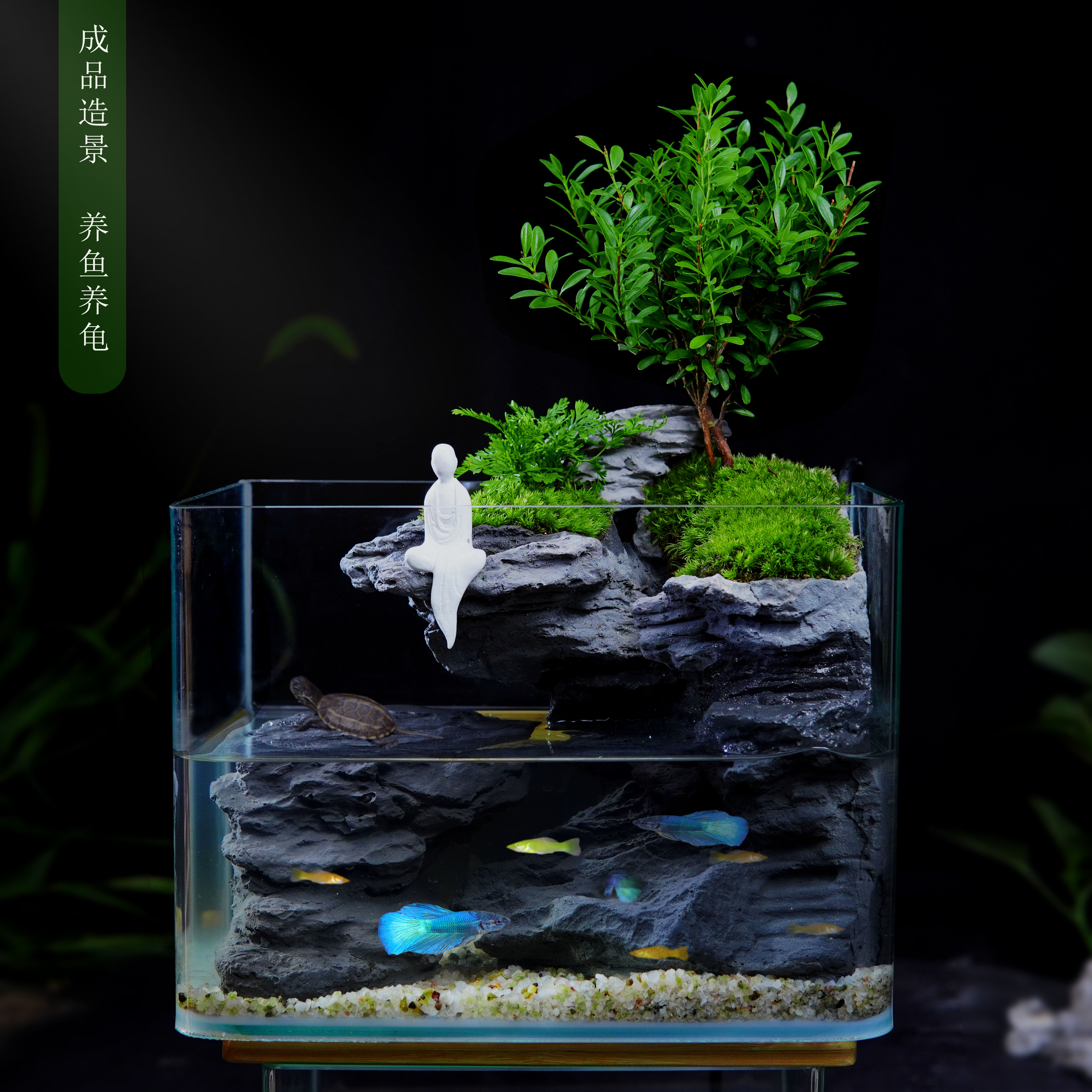 新款新手发货 造景微桌面养鱼 生态创意高山流水景观苔藓成品缸鱼