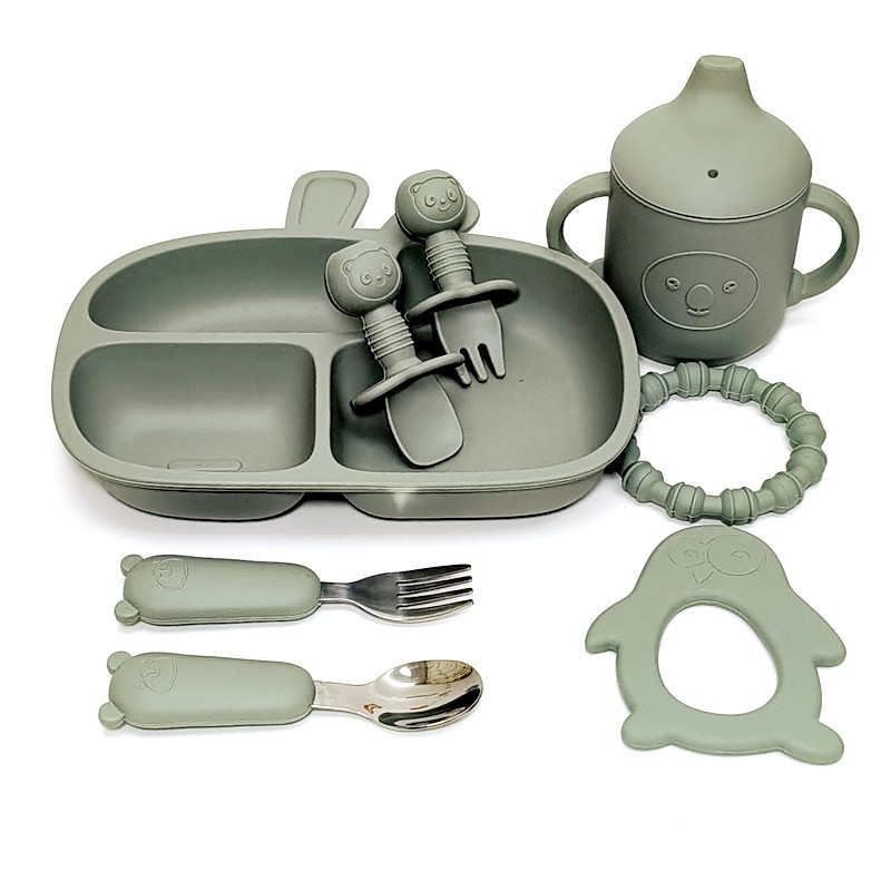 喝汤的碗宝宝餐盘儿童餐具套装吸盘一体式硅胶吸管学吃饭训练勺