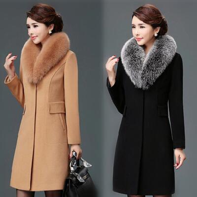 Medium to long women's woolen coat, girl coat, fur collar