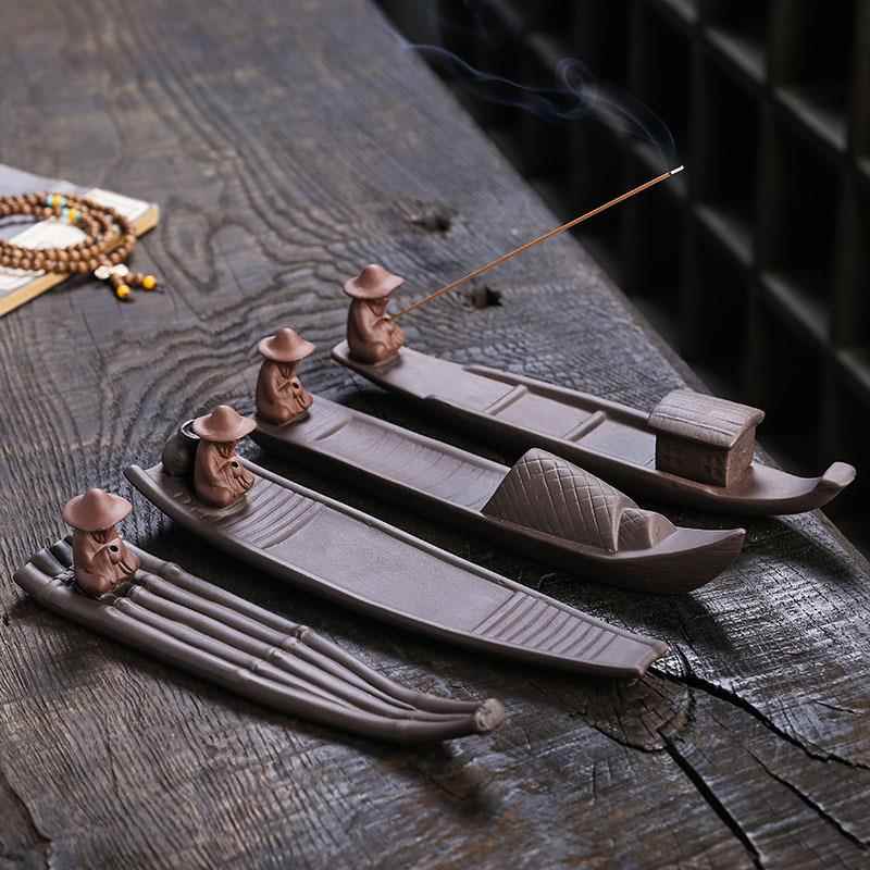 跨境紫砂竹排渔翁线香香炉 创意老翁钓鱼茶道家用卧香炉香座摆件