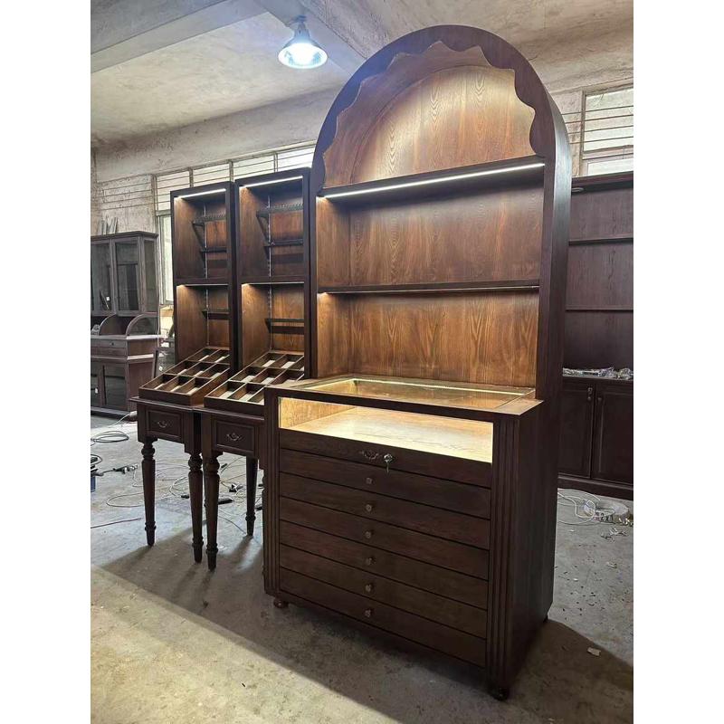 木质珠宝首饰展示柜古玩玉器多抽屉饰品架法式复古靠墙柜带灯