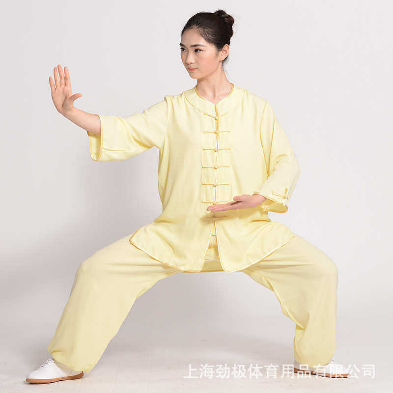劲极春夏棉加丝太极服女中袖练功服花扣木兰服表演服晨练服装批发