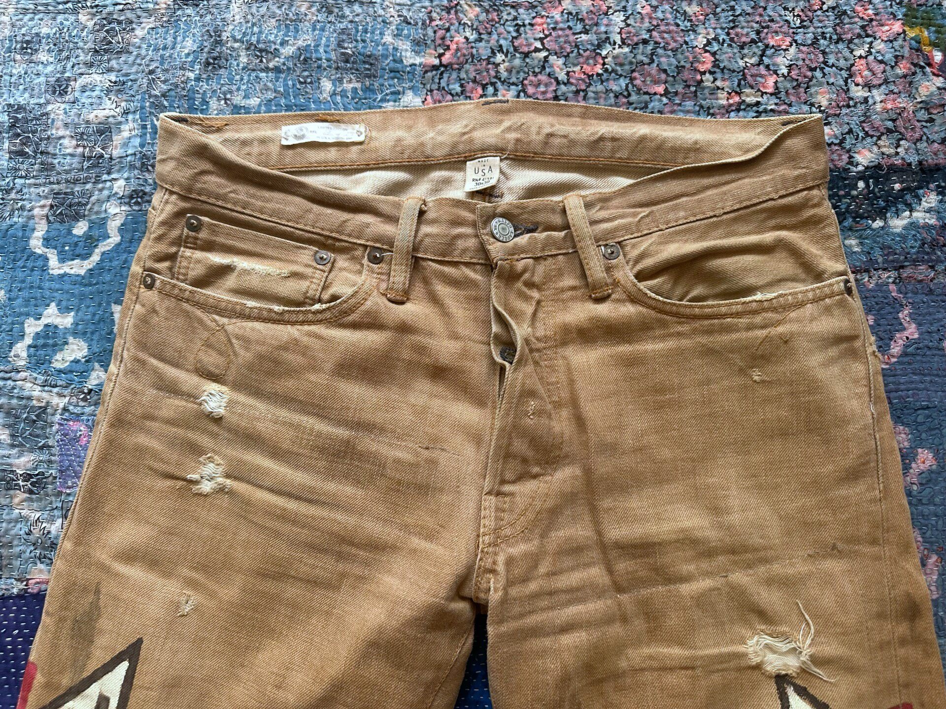 RRL Limited Hand-Painted Brown Distressed Jeans — detail