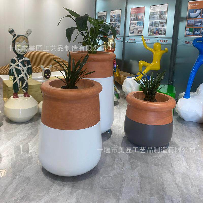 商场玻璃钢花盆木纹花钵椭圆木色花器广场绿植种植池园林工程树池